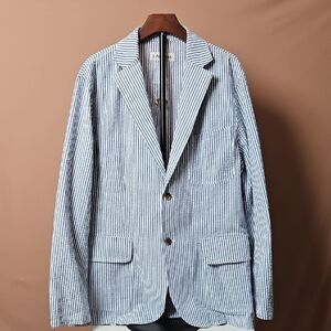 J. Peterman Seersucker Navy and White Striped Blazer